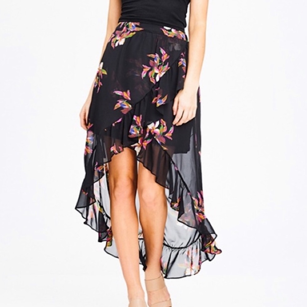 A New Day Floral Black Multicolor High Low Ruffle Skirt Tropical Flowers Beach